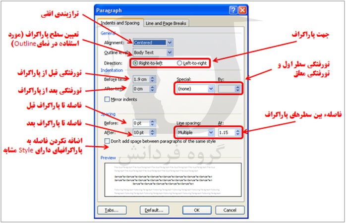 تنظیمات پنجره Paragraph در Microsoft Word
